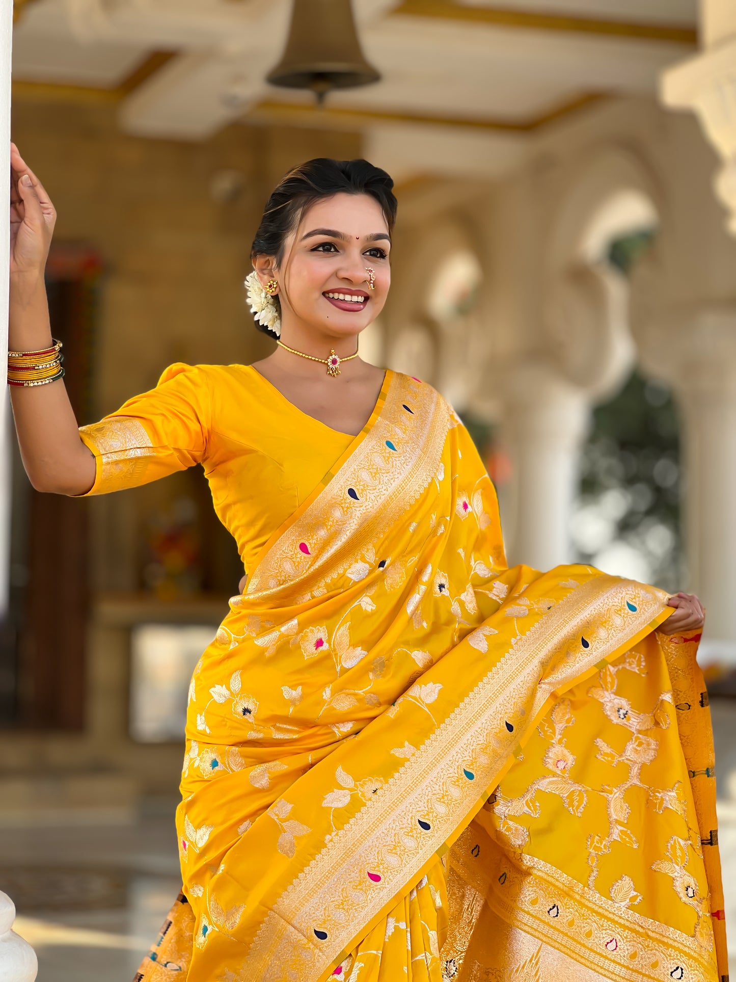 Yellow Meenakari Banarasi Silk Saree With Silk Blouse Piece