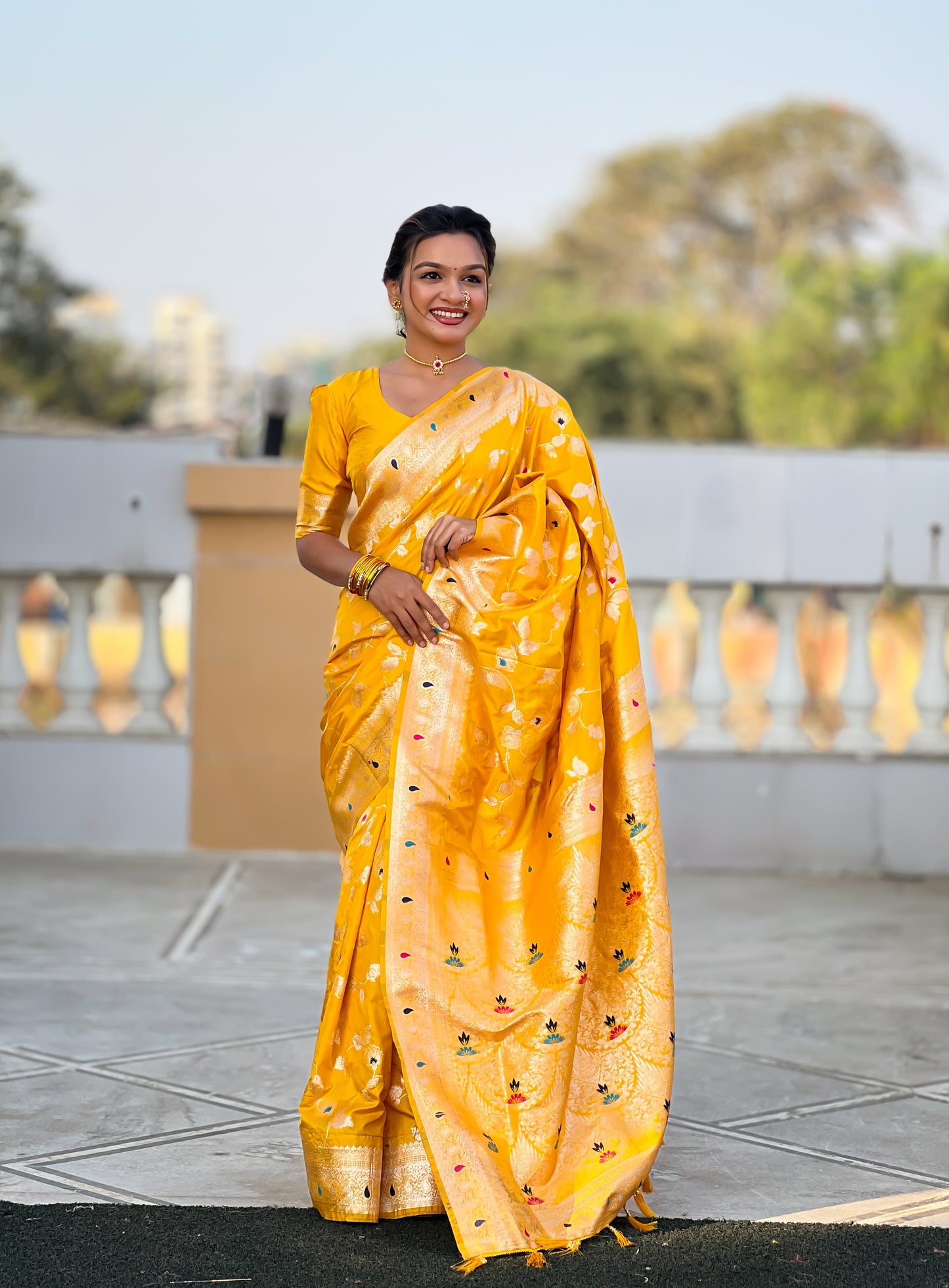 Yellow Meenakari Banarasi Silk Saree With Silk Blouse Piece