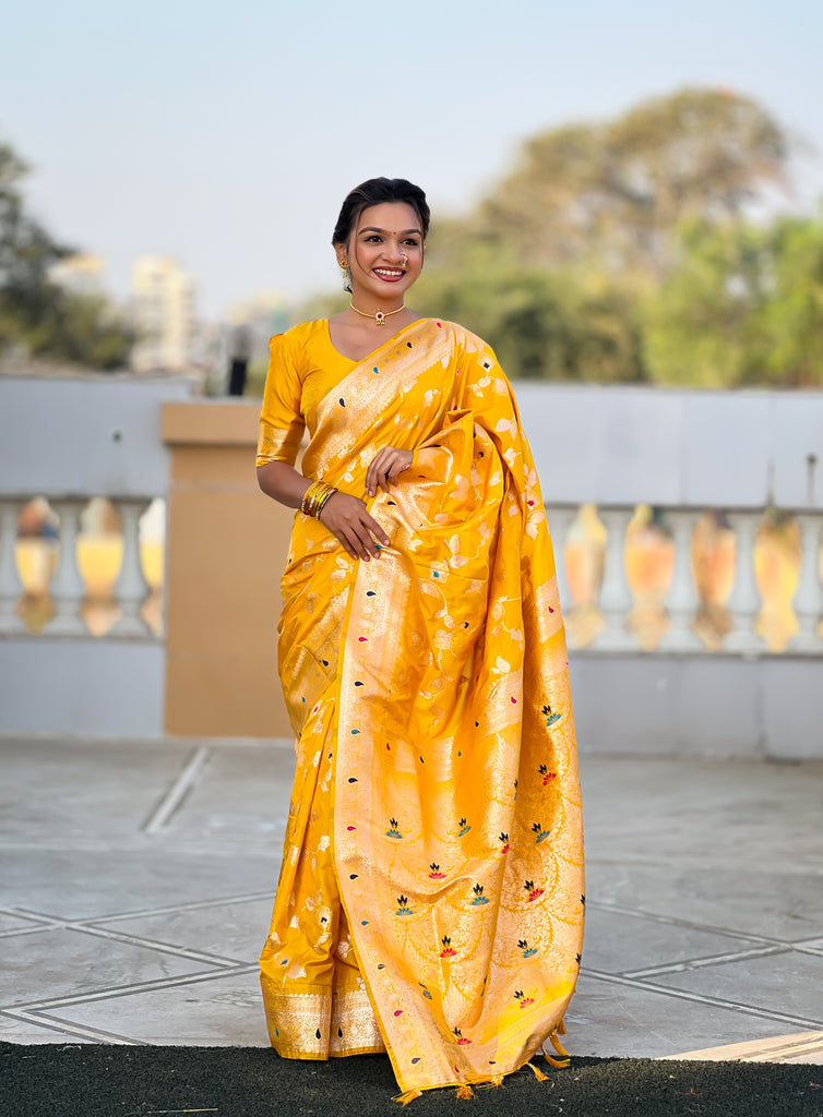 Yellow Meenakari Banarasi Silk Saree With Silk Blouse Piece