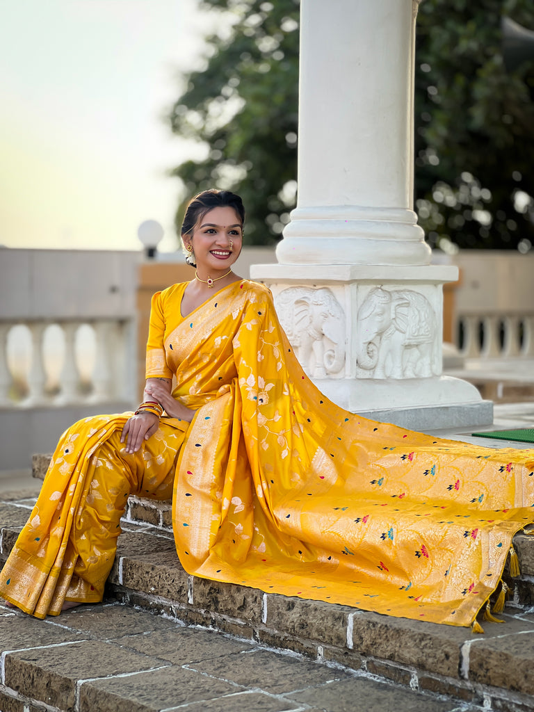 Yellow Meenakari Banarasi Silk Saree With Silk Blouse Piece