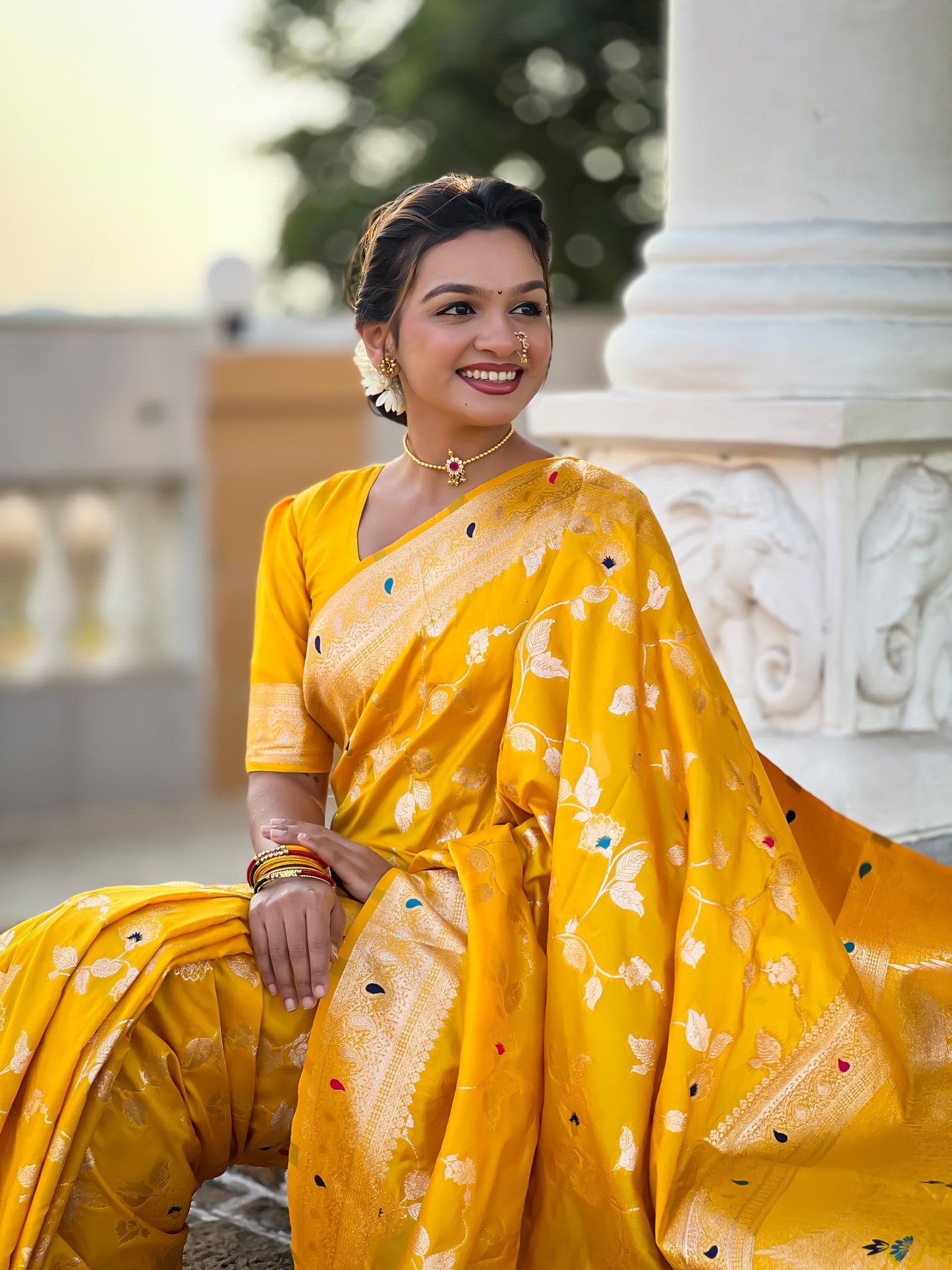 Yellow Meenakari Banarasi Silk Saree With Silk Blouse Piece