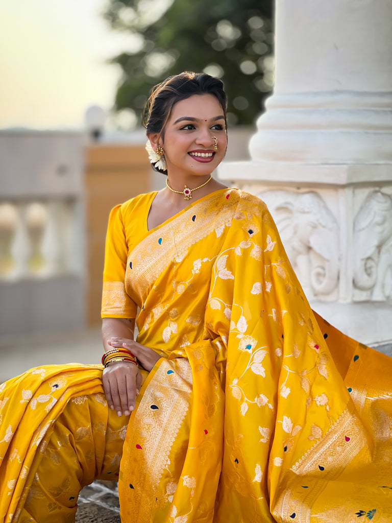 Yellow Meenakari Banarasi Silk Saree With Silk Blouse Piece