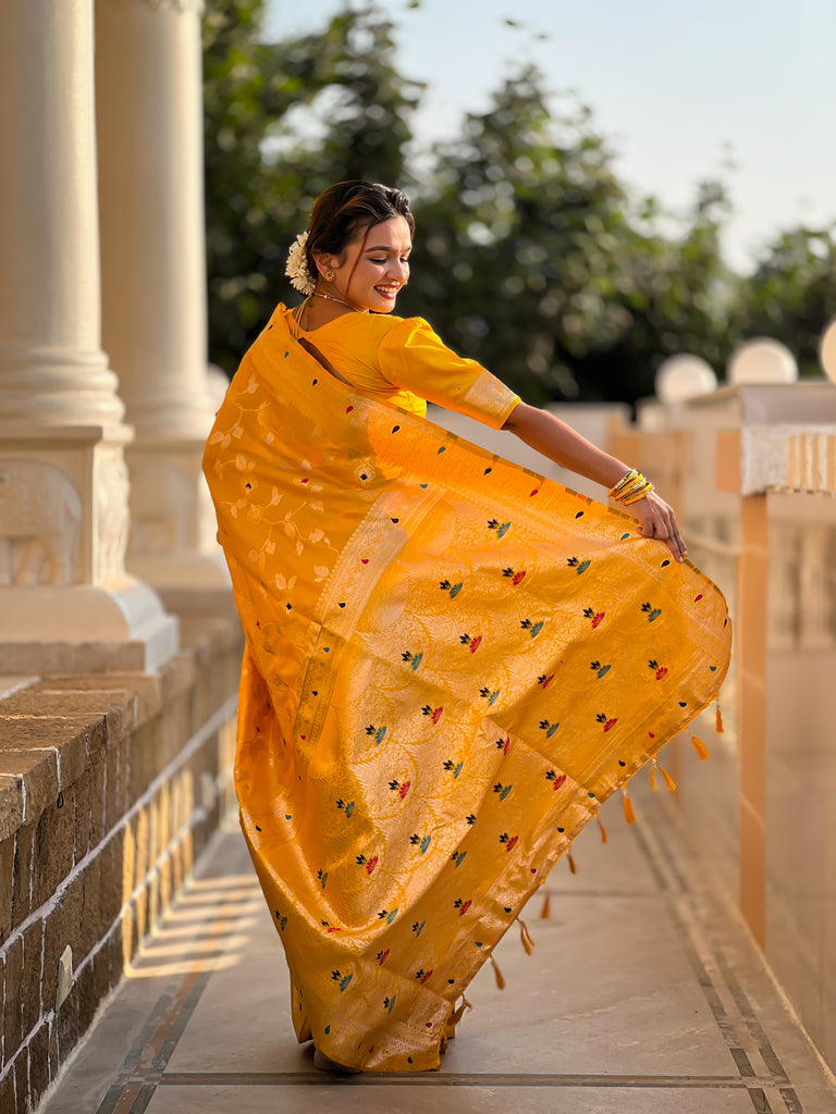 Yellow Meenakari Banarasi Silk Saree With Silk Blouse Piece