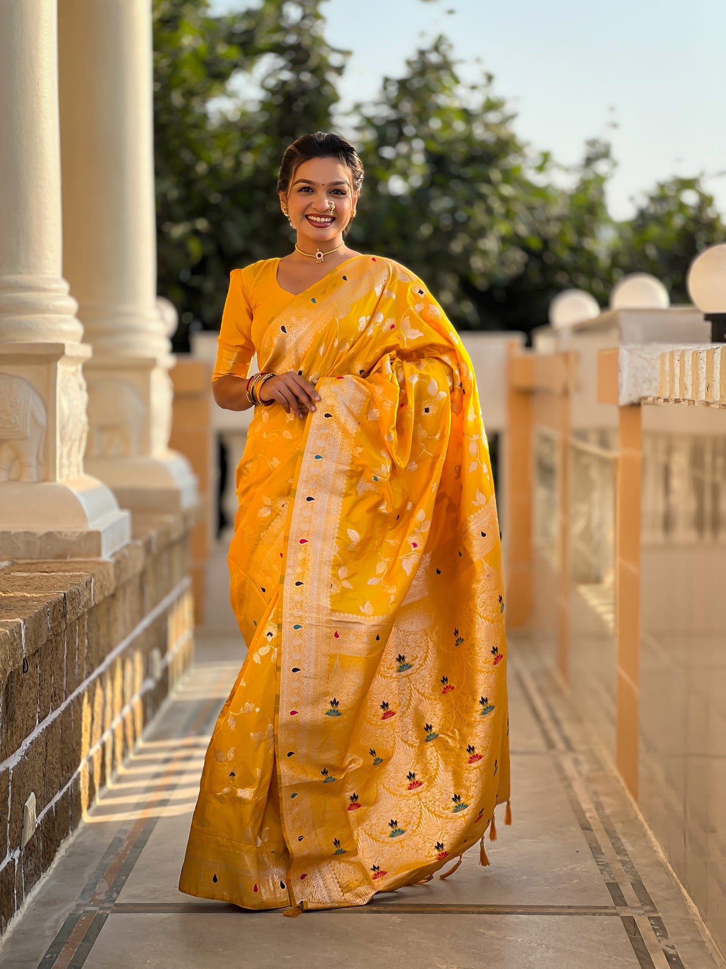 Yellow Meenakari Banarasi Silk Saree With Silk Blouse Piece