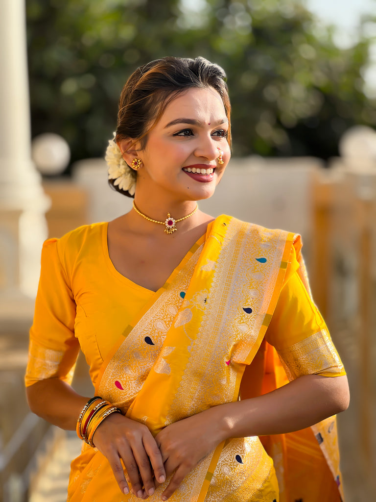 Yellow Meenakari Banarasi Silk Saree With Silk Blouse Piece