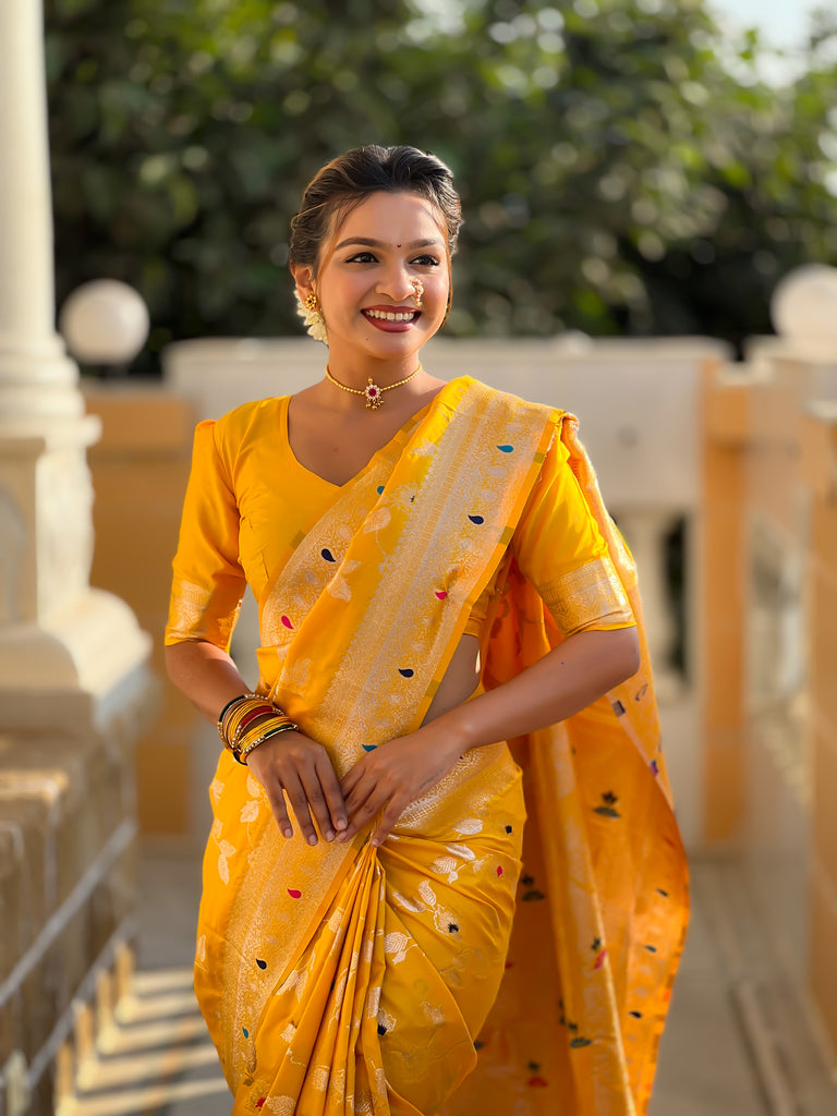 Yellow Meenakari Banarasi Silk Saree With Silk Blouse Piece