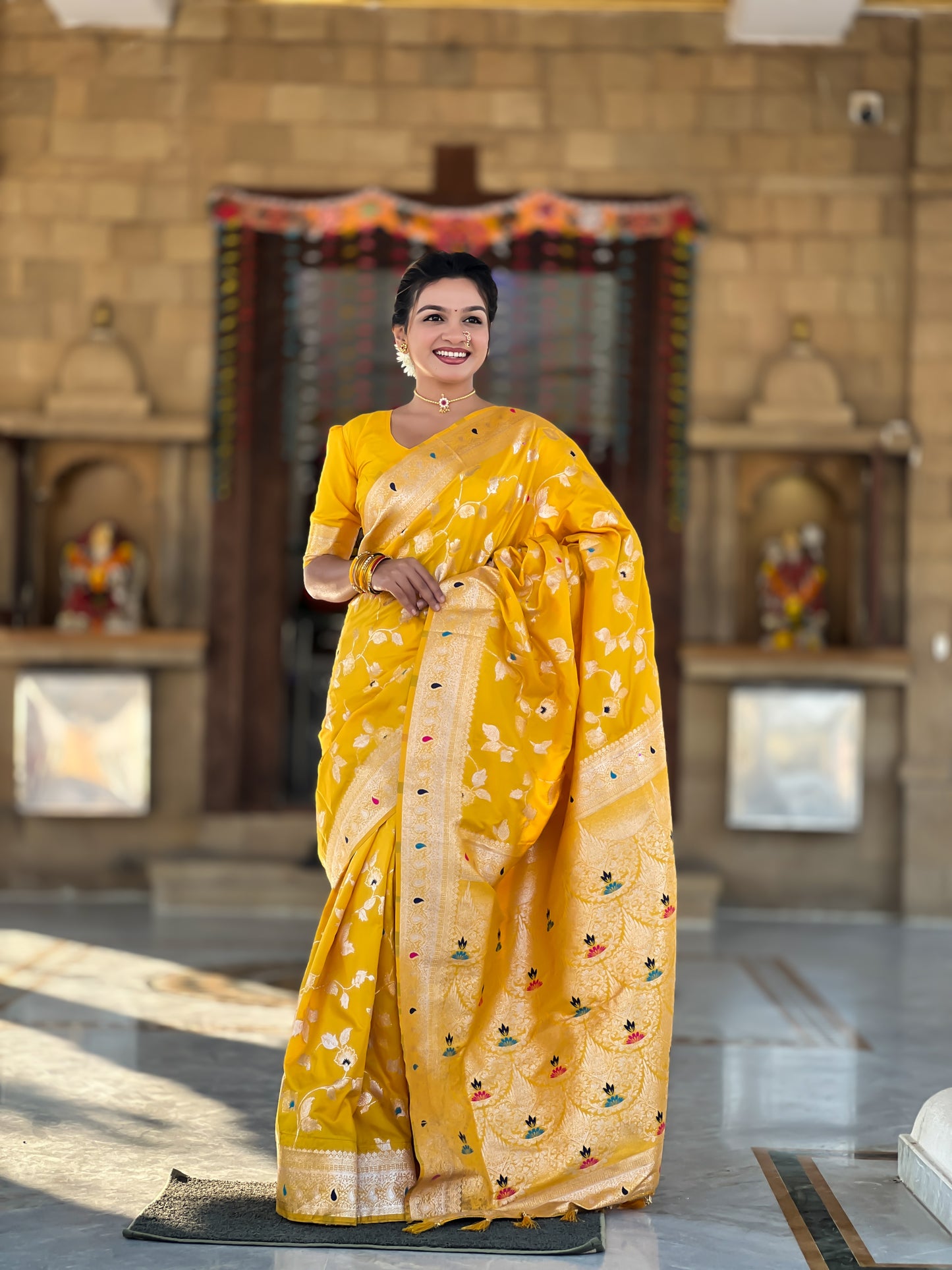 Yellow Meenakari Banarasi Silk Saree With Silk Blouse Piece